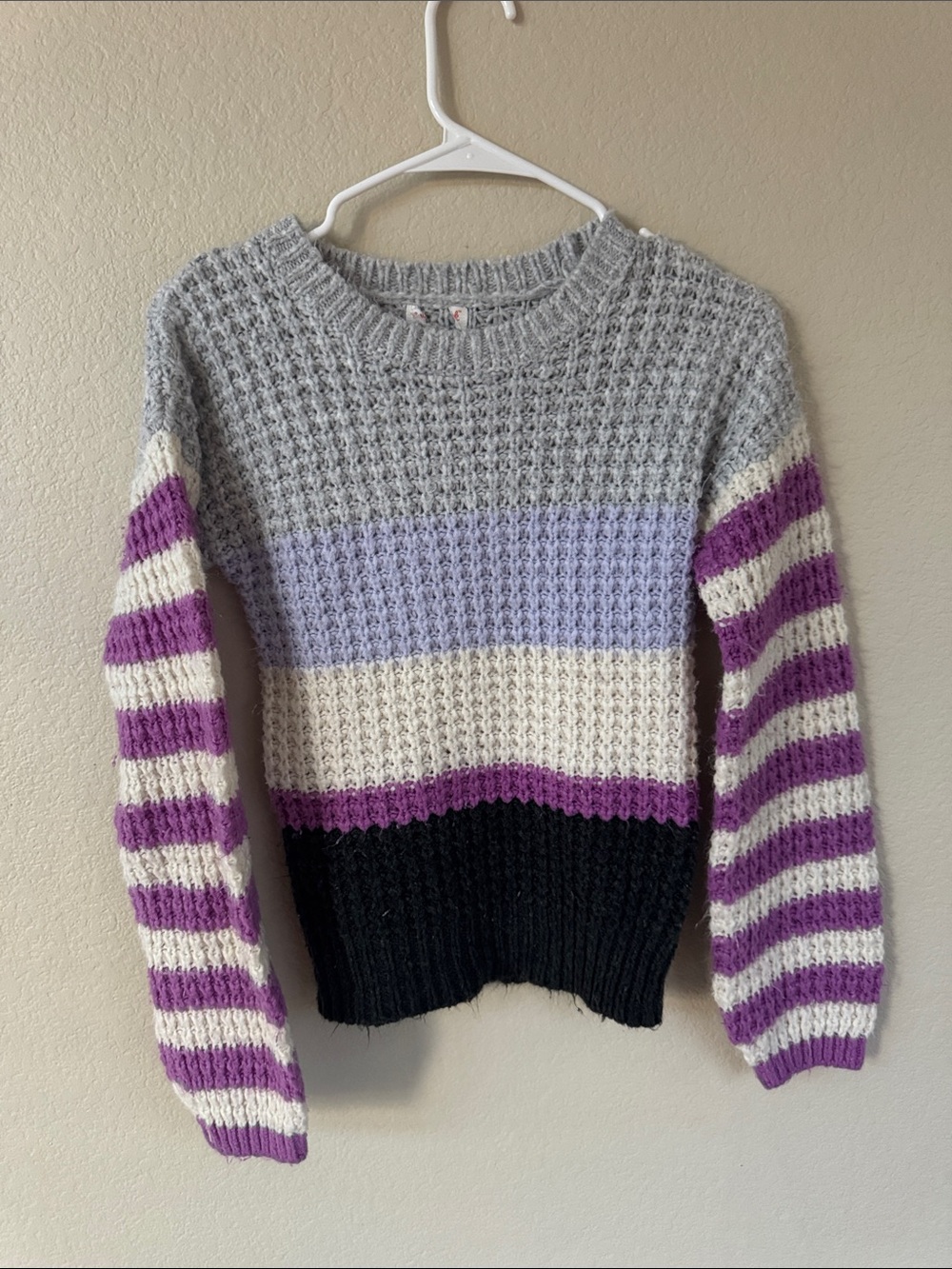 Striped Knit Crewneck Sweater in Gray, Lavender, Cream & Black